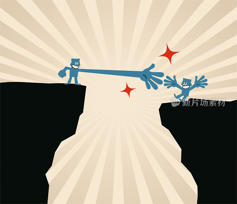 一个人向站在对面悬崖边的另一个人伸出援助之手;关于缩小差距、伸出援助之手、普遍基本收入的概念