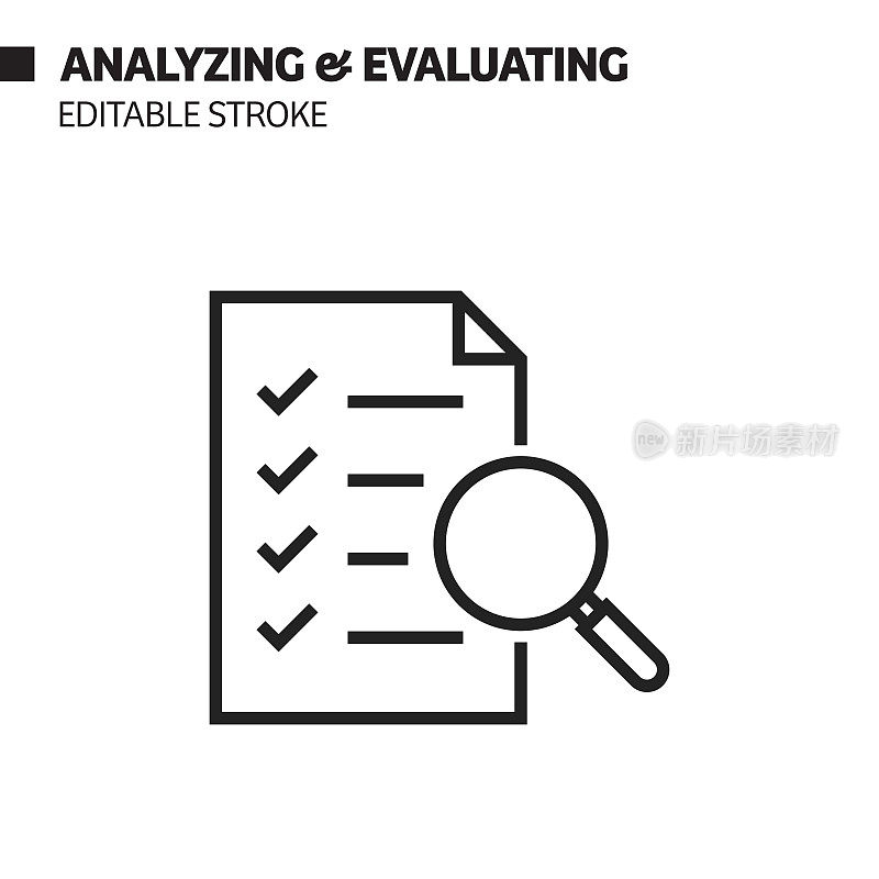 分析和评价线图标，轮廓向量符号插图。