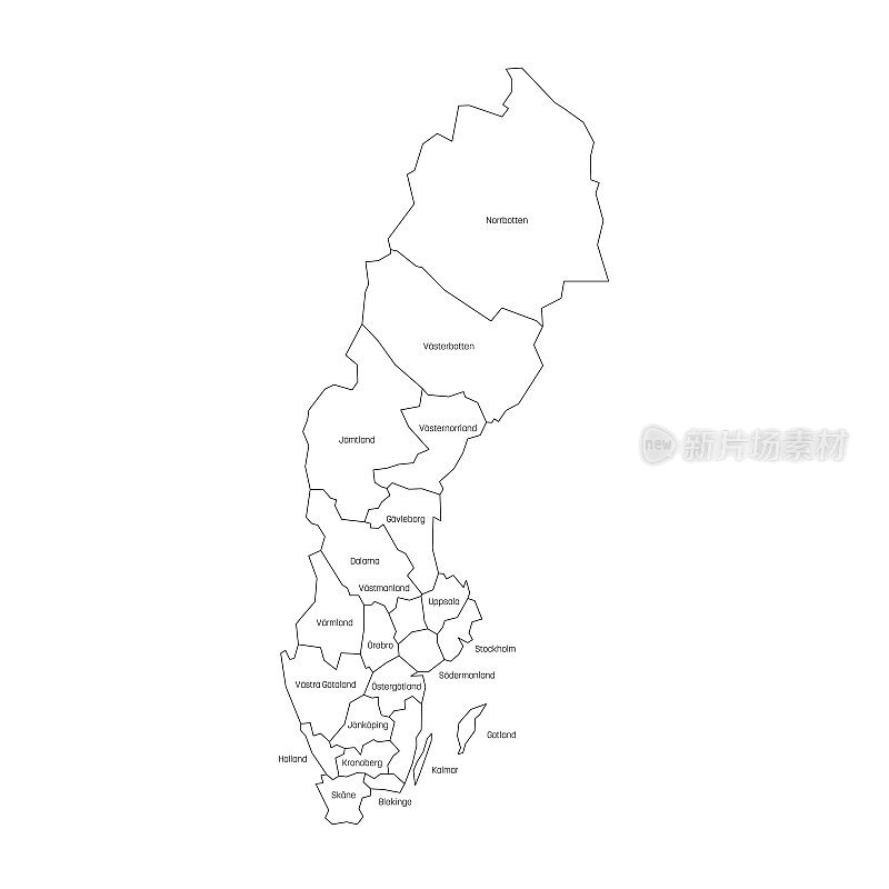 瑞典的县。区域及国家行政区划地图。色彩斑斓的矢量图