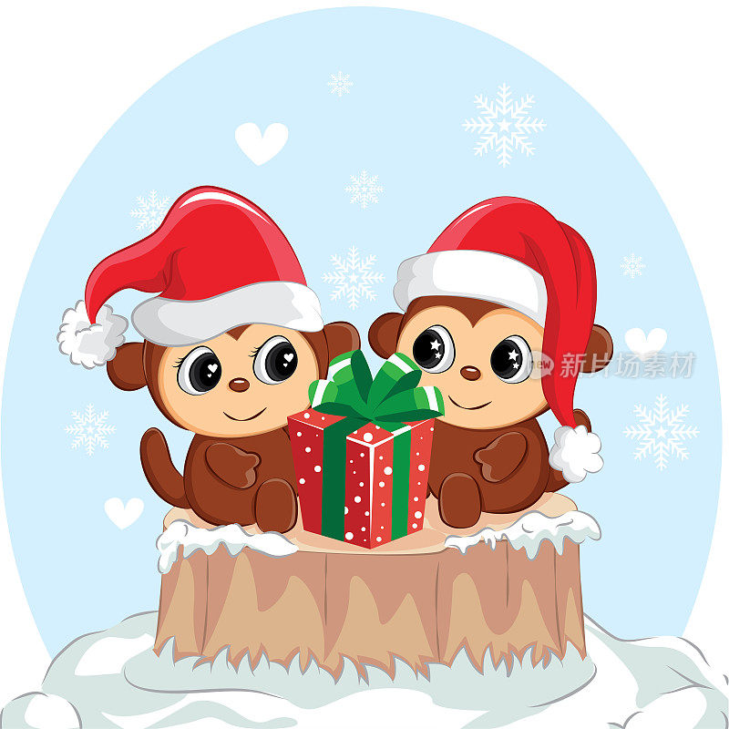 一对猴子与礼盒插图。可爱的圣诞节猴子。