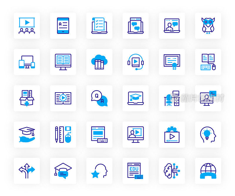 电子学习，在线教育和远程教育相关的线图标。向量符号说明。