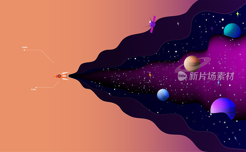 空间探索的矢量插图。宇宙飞船在繁星点点的宇宙中独自航行。