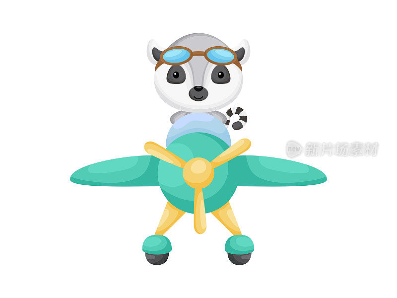 戴着飞行员护目镜的小狐猴在驾驶飞机。有趣的婴儿角色在飞机上飞行贺卡，婴儿送礼会，生日邀请，房子内部。孤立的卡通矢量插图