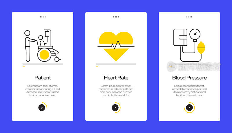 带图标的移动应用程序页面屏幕。UI设计模板矢量插图