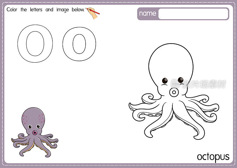 矢量插图的儿童字母着色书页与概述剪贴画，以颜色。字母O代表章鱼。