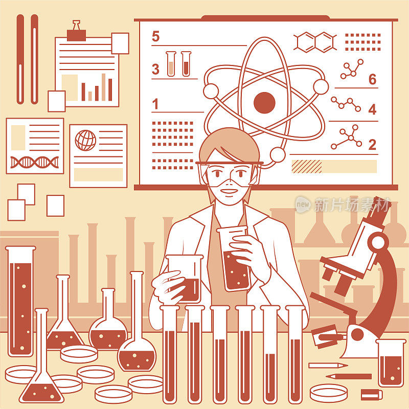 一位年轻的女科学家(生物化学家)在实验室进行科学研究和科学实验。