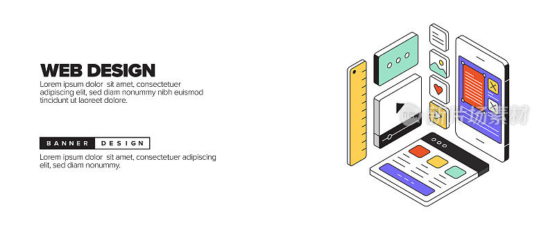 网页设计概念等角网页横幅，海报，封面和横幅的三维设计
