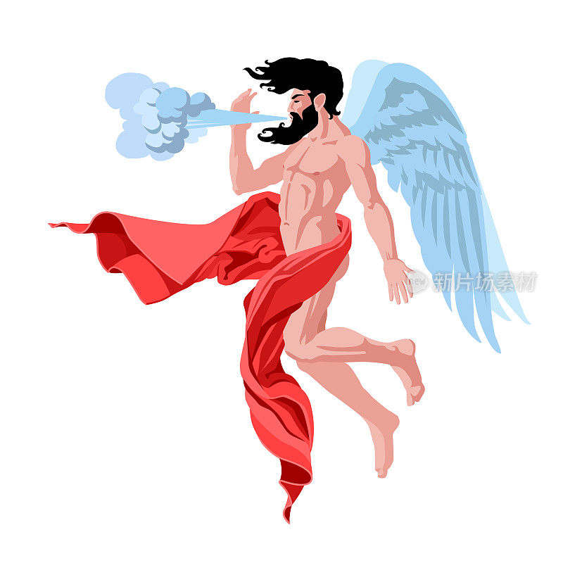 北风北风，希腊神话中披着红布帘的神，展翅飞翔，神话人物，气象概念