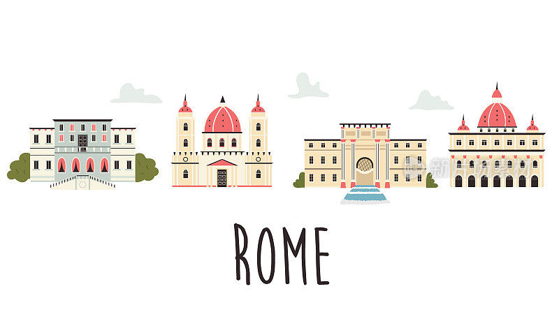 带有罗马著名景点和地标的旅游海报。