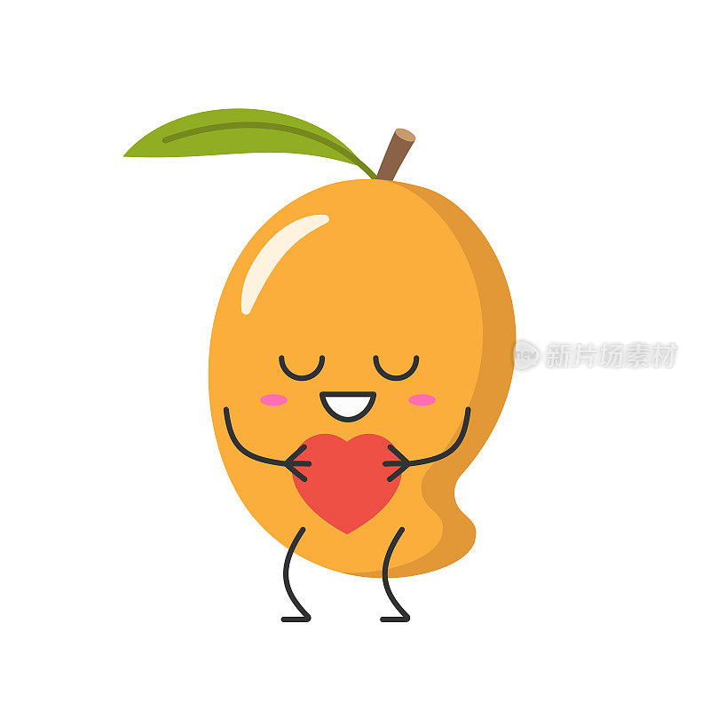 芒果人物卡通爱的标志心最喜欢多汁的热带水果颜色橙色快乐的情绪微笑的脸图标矢量插图。