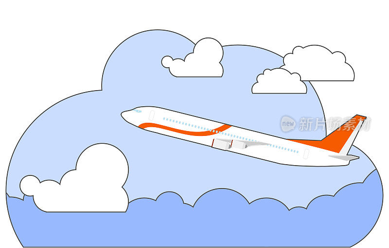 飞机在云层中飞行，这是一幅以天空和云层为背景的飞机飞行的漫画插图。向量。