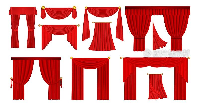现实的红色布料。戏剧舞台和歌剧场景的天鹅绒织物窗帘。电影电影院大厅猩红色波浪布。豪华窗饰套。向量流动的纺织品悬垂模板
