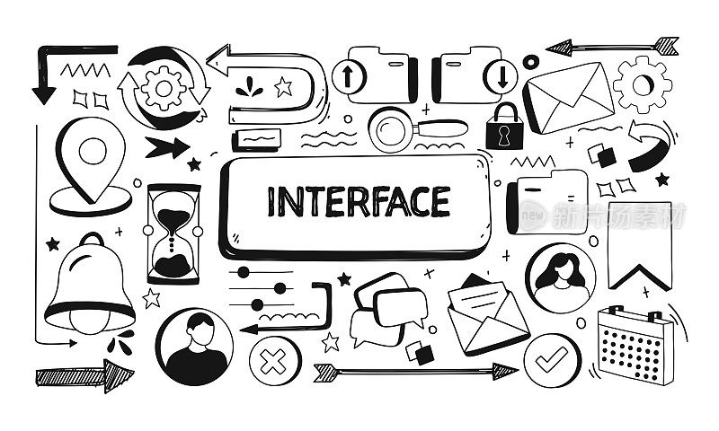 用户界面相关的涂鸦插图。现代设计矢量插图的网站横幅，网站标题等。