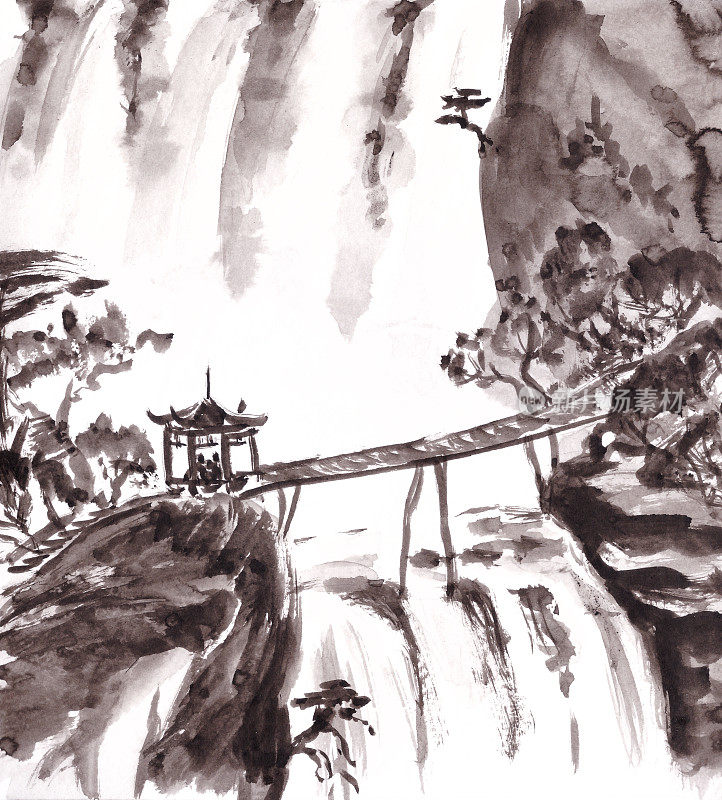 瀑布和凉亭在山单色中国画