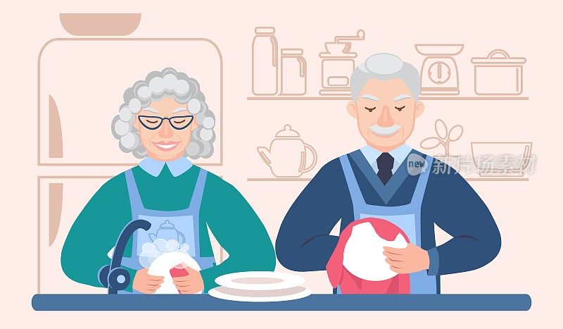 老夫妇在厨房里一起洗碗。爷爷用毛巾擦盘子。背景中冰箱和厨房用具的剪影。做家务。矢量图