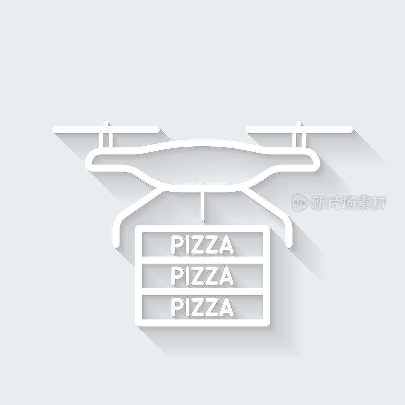 送披萨的无人机。图标与空白背景上的长阴影-平面设计