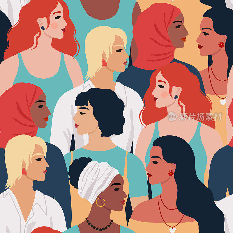 不同民族、不同民族、不同发型的女性无缝图案。女性多元化的肖像。3月8日国际妇女节设计。女人的友谊,姐妹关系。