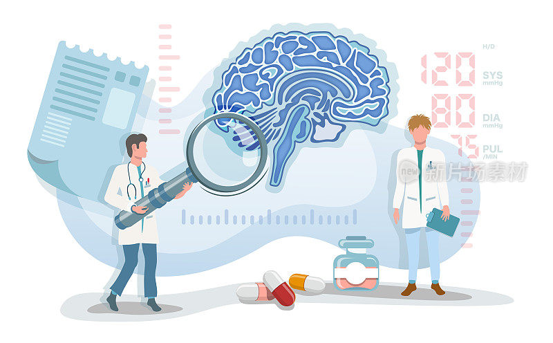 平面矢量插图两位博士用人脑科研