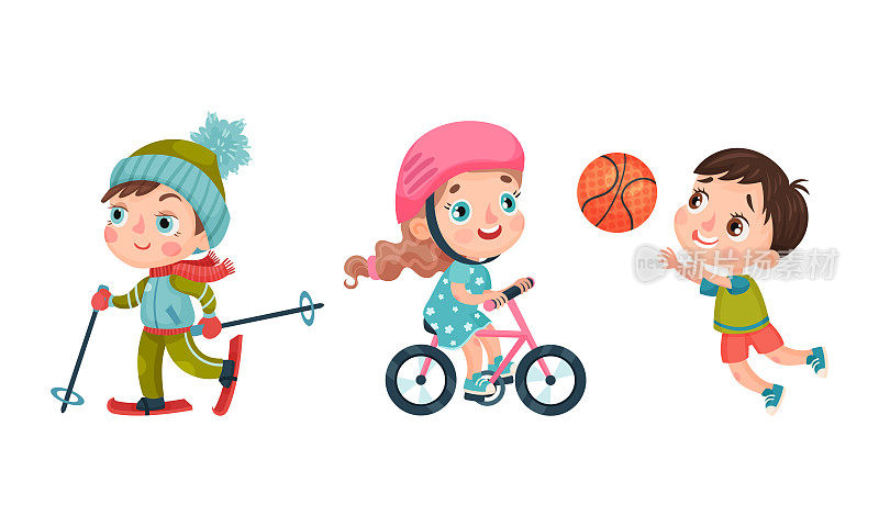 一组孩子在做运动。快乐的小朋友滑雪，打篮球和骑自行车的卡通矢量插图