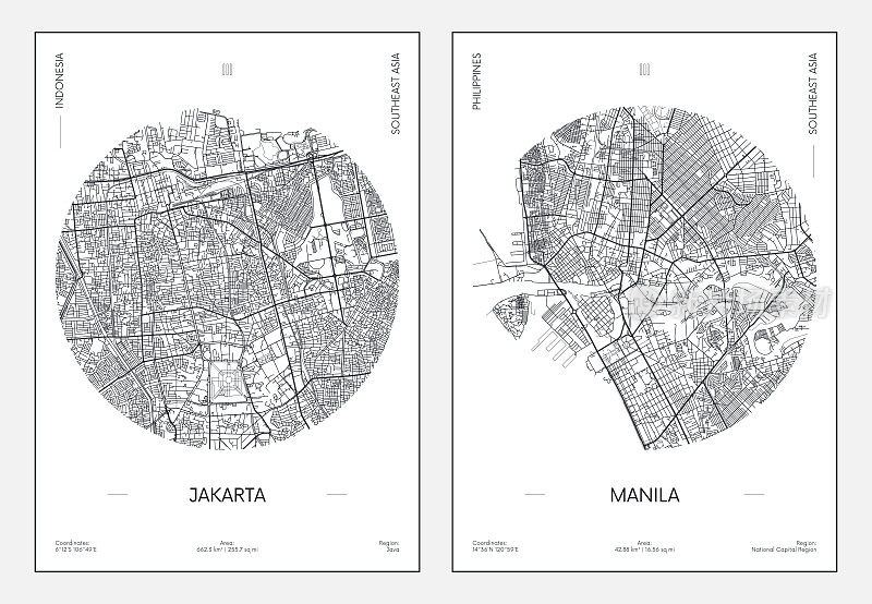 旅游海报，城市街道规划城市地图雅加达和马尼拉，矢量插图