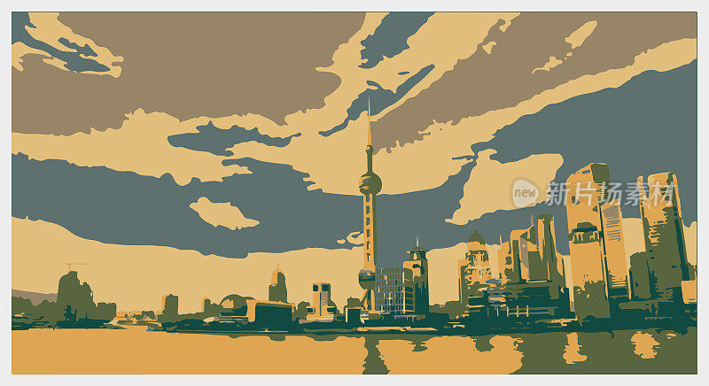 矢量艺术木版效果上海外滩建筑插图背景