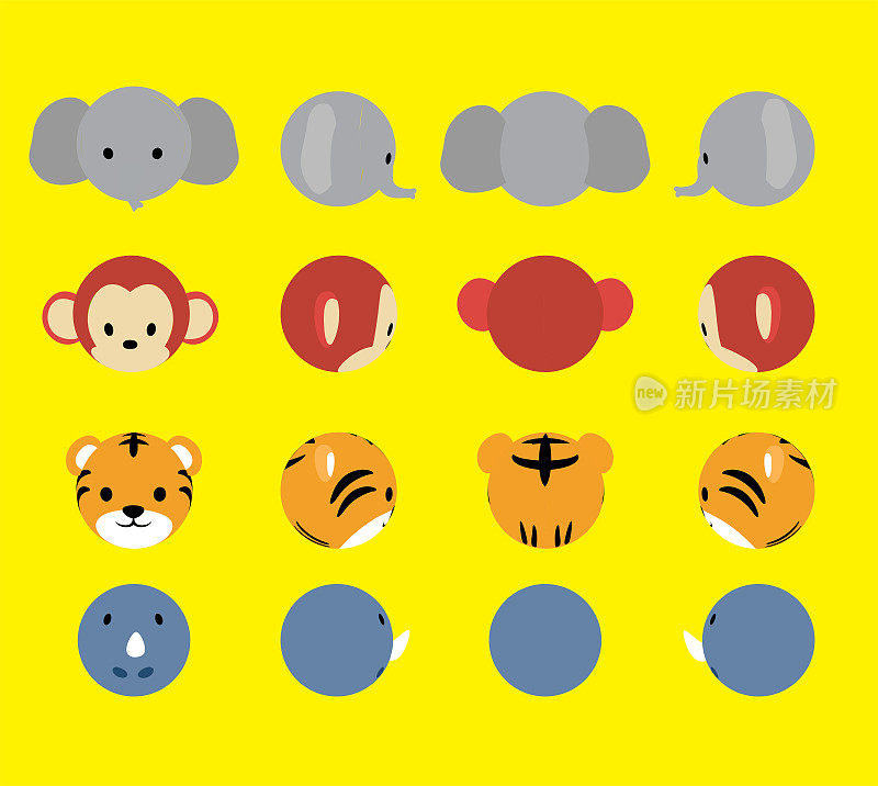 3D球头动物大象猴子老虎犀牛旋转卡通矢量插图
