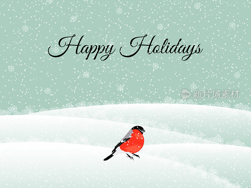 节日快乐。雪落下，形成雪堆，红腹灰雀坐在上面。新年贺卡与复制空间在蓝色背景。喜庆的圣诞标语。向量。