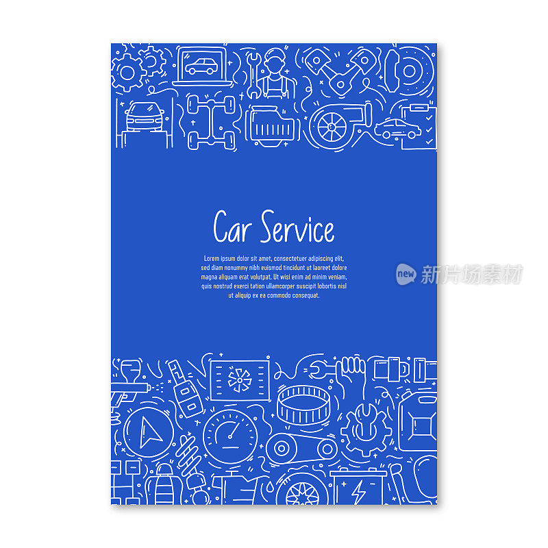 汽车服务相关的对象和元素。手绘矢量涂鸦插图集合。海报，封面模板与不同的汽车服务对象