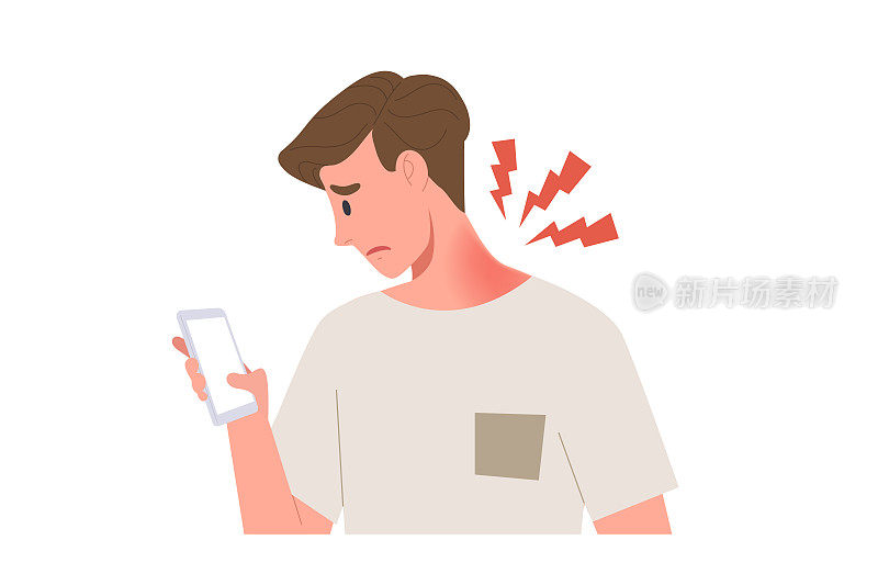 一名年轻人因使用智能手机姿势不当而导致颈部疼痛。不良的姿势会破坏脊柱和颈部肌肉。健康问题的原因不健康的生活方式。