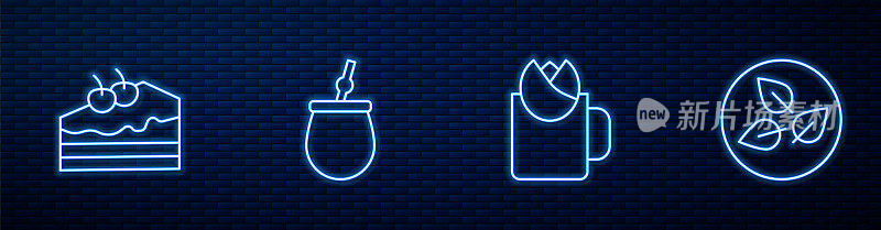 玫瑰茶，蛋糕茶，马黛茶和茶叶。砖墙上闪烁的霓虹灯图标。向量