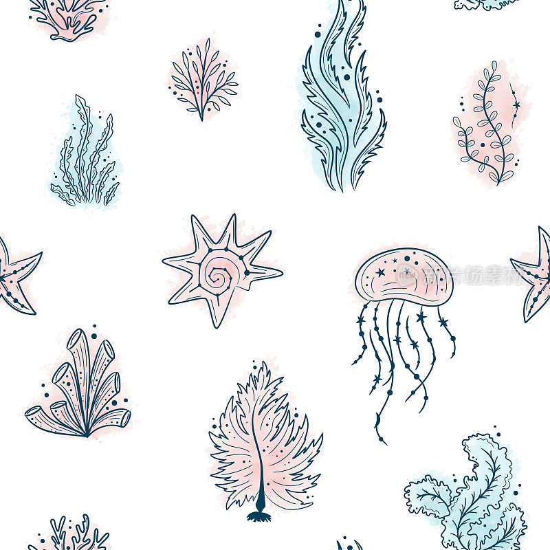 海蜇、海贝、海藻、珊瑚和海星的无缝图案。白色背景上的海洋生物。用于印刷、织物、纺织、制造、壁纸。海底