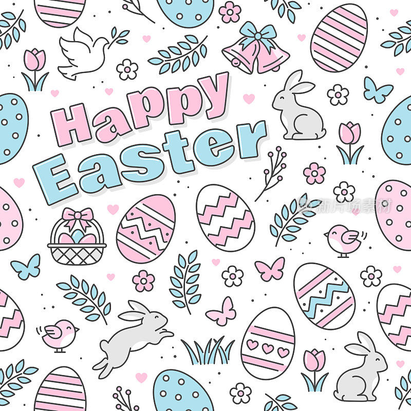 复活节无缝图案图标与彩色的蛋，花，兔子和蝴蝶。
