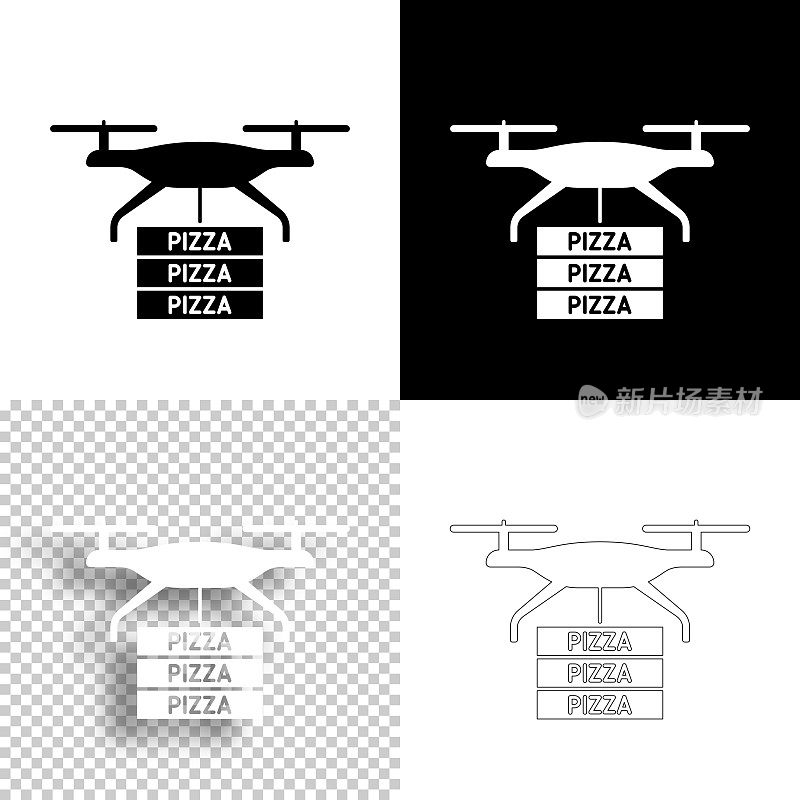 送披萨的无人机。图标设计。空白，白色和黑色背景-线图标