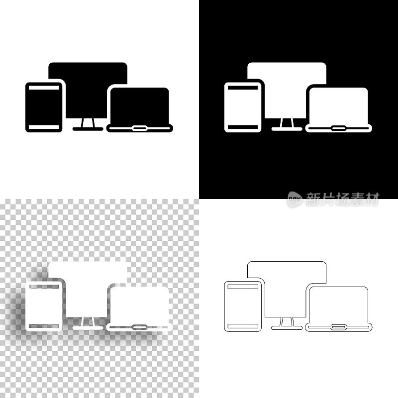 台式电脑、平板电脑和笔记本电脑。图标设计。空白，白色和黑色背景-线图标