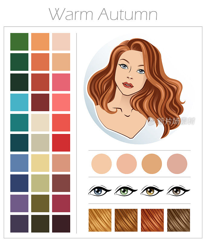 温暖的秋天。女人外表的颜色类型。与调色板的颜色适合这种类型的外观。