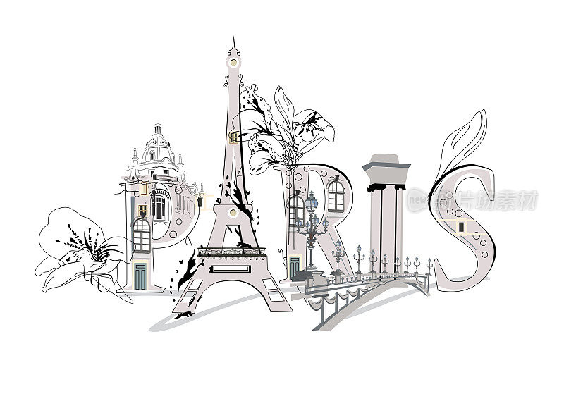 巴黎文字装饰有鲜花和埃菲尔铁塔等建筑景观。