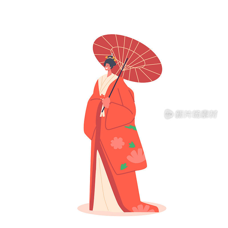 孤立在白色背景中的艺妓。传统日本服装，发型，化妆，雨伞中的女性角色