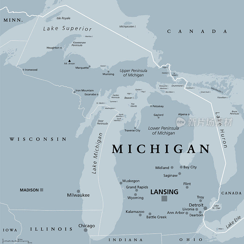密歇根州，灰色的政治地图，美国的大湖区