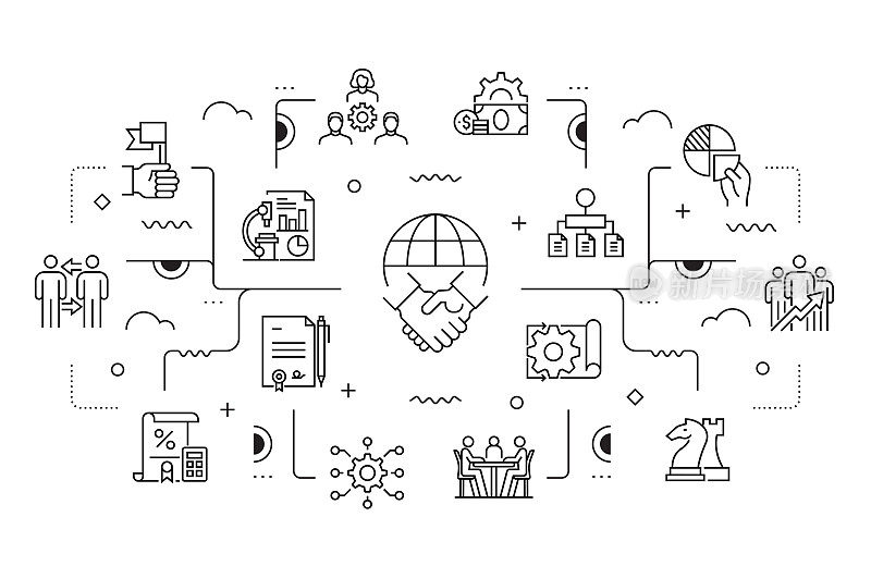 商业合作相关矢量横幅设计概念，现代线条风格与图标