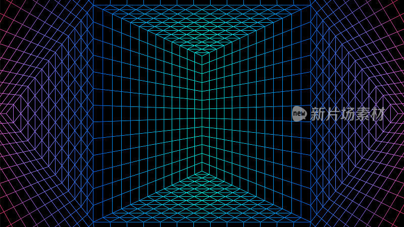 几何网格背景霓虹彩色80年代风格的网格。合成波或反向波抽象背景与复古计算机网格。