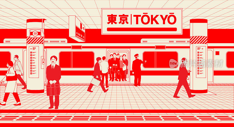 日本，东京，繁忙的火车站站台，通勤者登上火车。