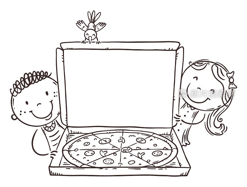画线涂鸦快乐的孩子与披萨与空白的空间为您的文字或图像