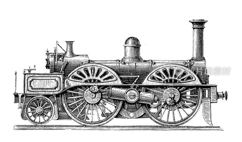 仿古雕刻插图:火车头蒸汽火车