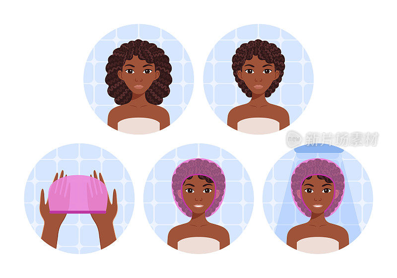 漂亮的非洲女人在浴室里把淋浴帽放在头上。步骤。卷曲头发的黑人年轻女士。水的保护。彩色卡通风格。白色背景。向量插图为美设计。
