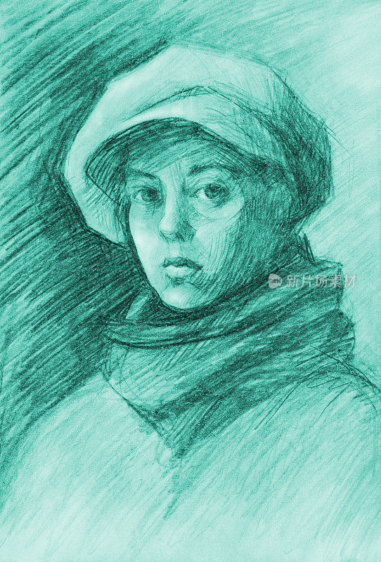插画铅笔画肖像印象派女人在温暖的围巾和羊绒帽与面罩