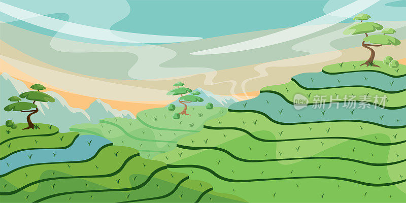 矢量插图美丽的夏季中国稻田。中国卡通景观，山顶有山、有田、有树。