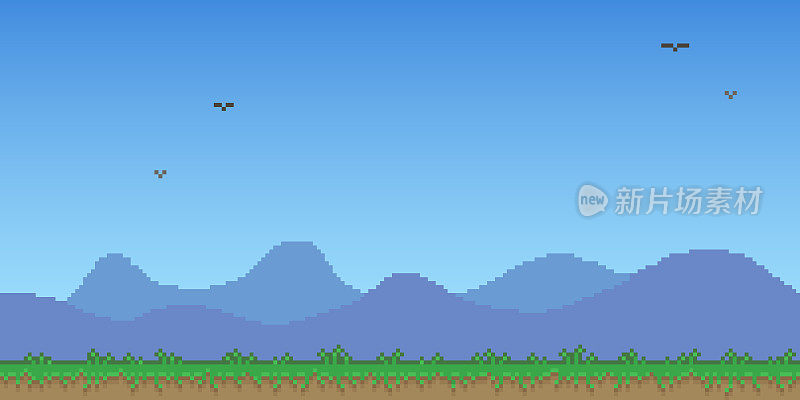 矢量像素艺术的山脉和绿草的水平插图在老平台视频游戏关卡的风格