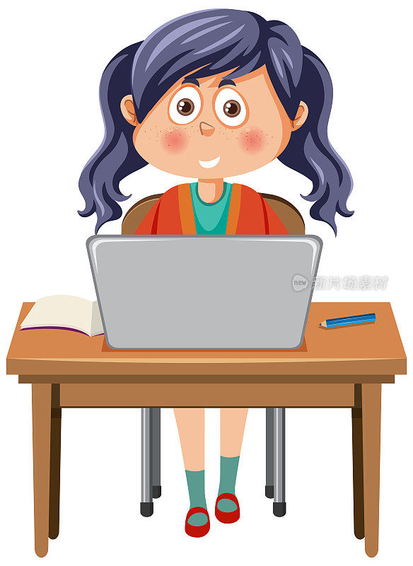 一个女孩坐在笔记本电脑前