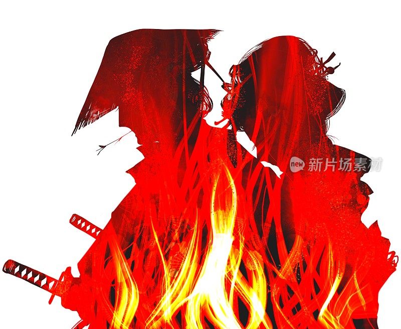 剪影插图的火焰拥抱一个悲伤的年轻武士和江户的一个城市女孩谁是说再见和白色背景悲伤