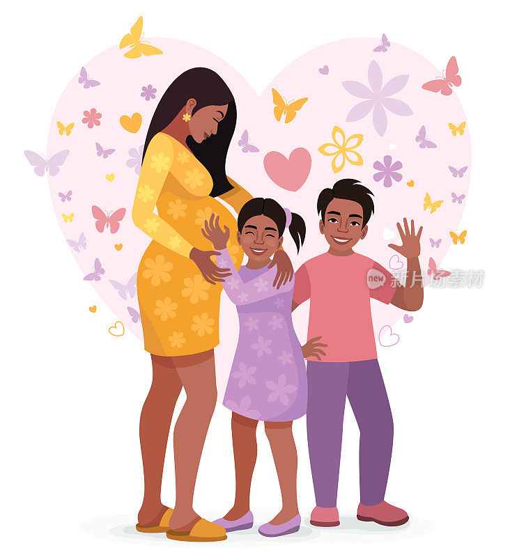 怀孕的印度妇女。祝您母亲节快乐。妈妈拥抱她的女儿和儿子。